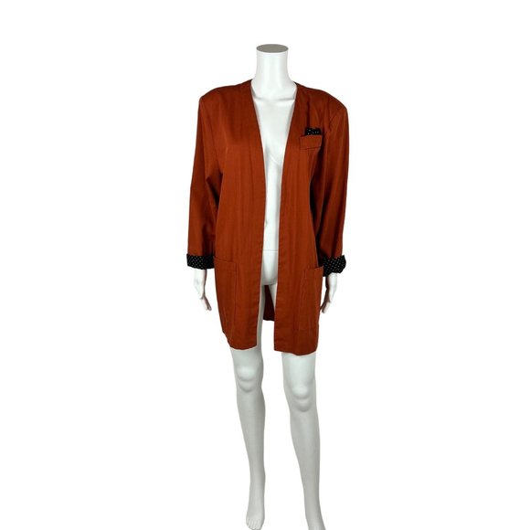 Vintage 90s Open Blazer Women's Large Burnt Orange Black Polka Dots Suit Jacket - Picture 9 of 10